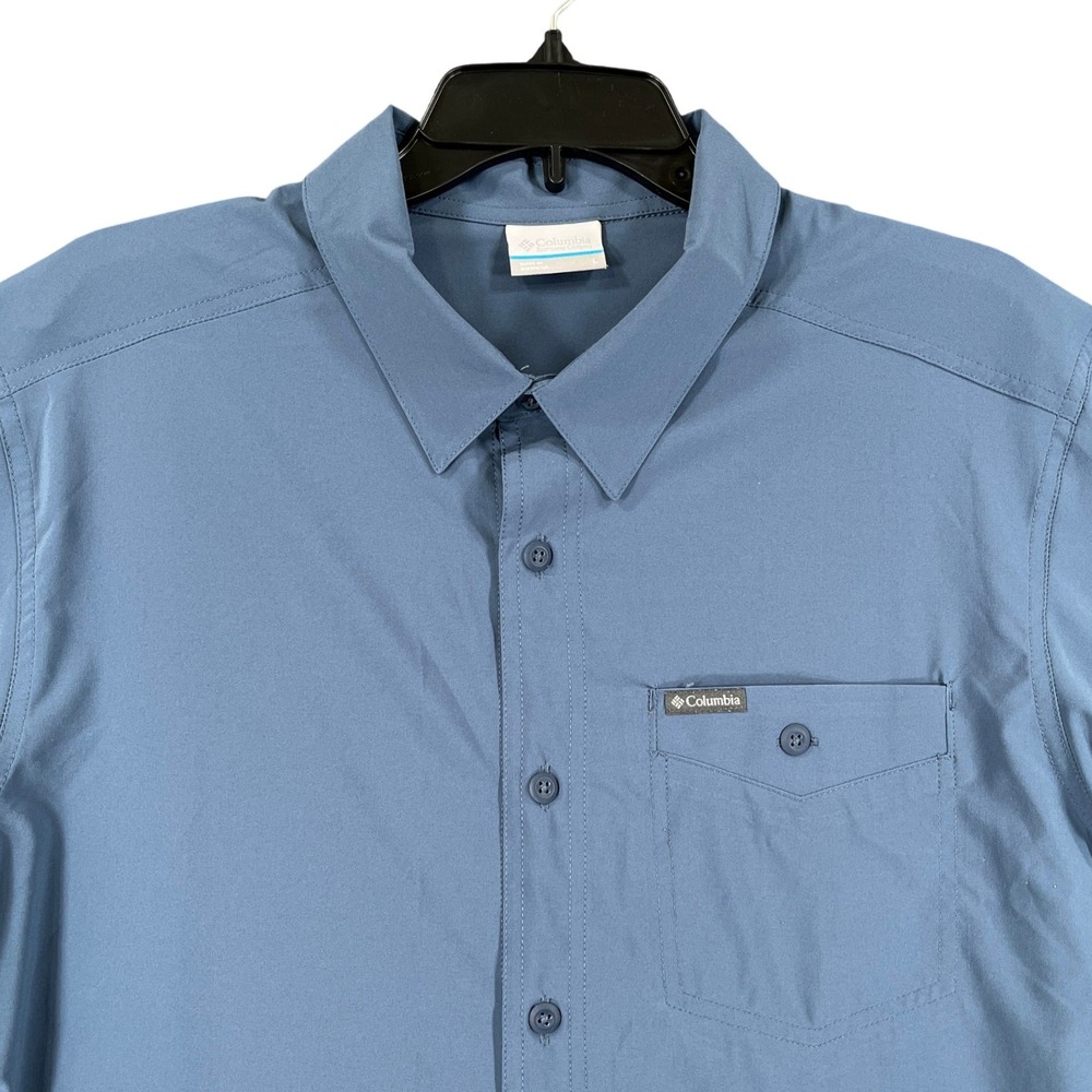 Columbia Performance Shirt Mens L Blue Short Sleeve Stretch Hiking Outdoor Camp
